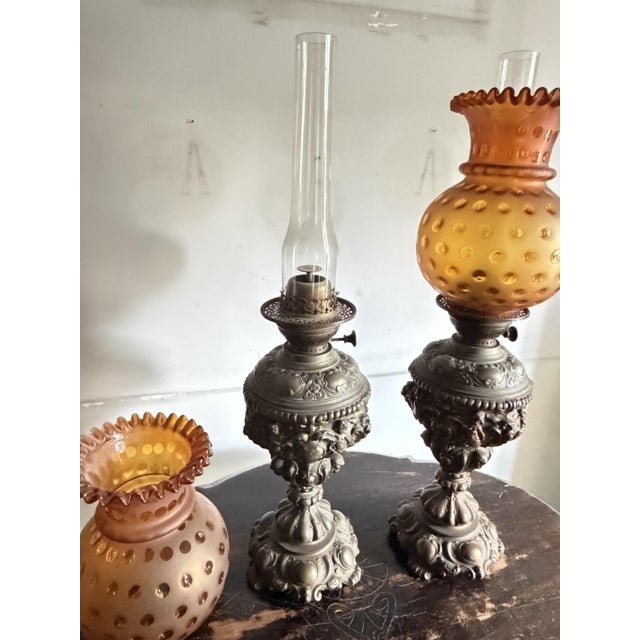 Oil Lamps in Bronze and Amber Glass, 1930, Set of 2 For Sale - Image 6 of 9