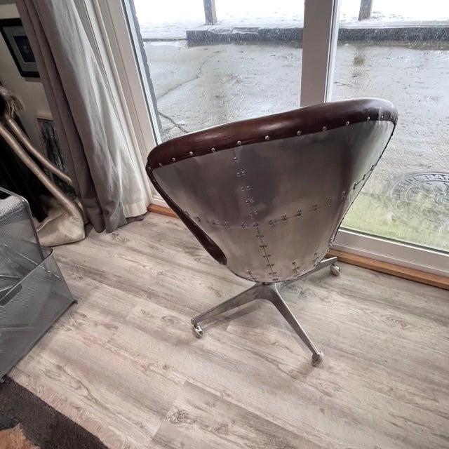 2010s Restoration Hardware Aviator Leather and Aluminum Swivel Chair For Sale - Image 5 of 12