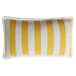 Striped Outdoor Happy Cushion Cover in Yellow and White with Fringes from Lo Decor For Sale