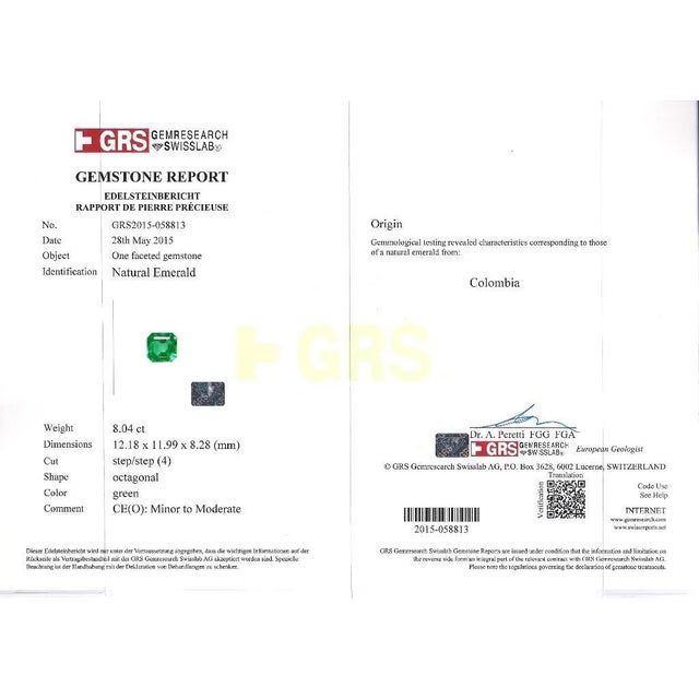 Metal Grs Certified 8.04 Carat Minor Oil Colombian Emerald & Diamond Halo Ring For Sale - Image 7 of 7