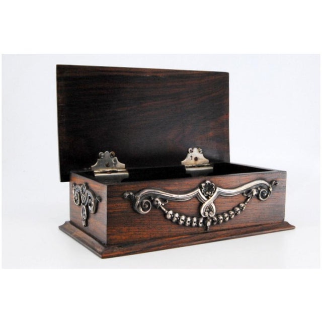 Metal Wooden Jewelry Box with Silver Applications and Coat of Arms Letters on the Lid For Sale - Image 7 of 11
