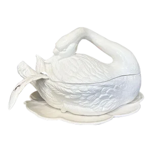 Large 1970s Ceramic Cream Covered Swan Tureen With Feather Ladle and Serving Plate