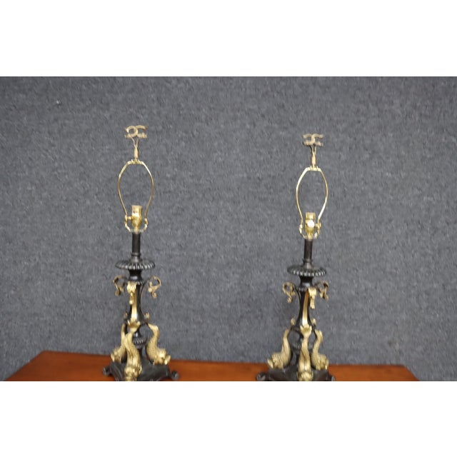 Traditional Antique French Empire Style Bronze Dolphin Table Lamps – Pair For Sale - Image 3 of 13