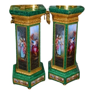 French Louis XVI Faux Malachite Pedestal Stands, Set of 2 For Sale