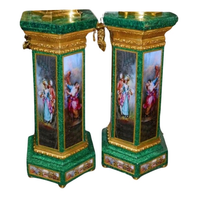 French Louis XVI Faux Malachite Pedestal Stands, Set of 2 For Sale