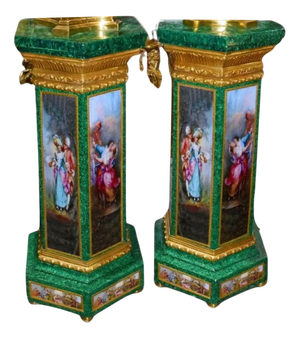French Louis XVI Faux Malachite Pedestal Stands, Set of 2