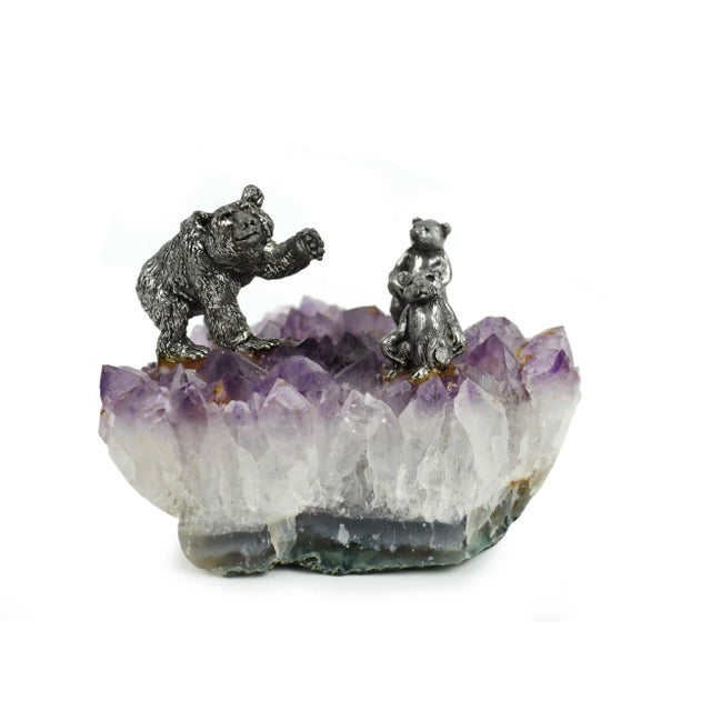 Late 20th Century Mama Bear and 2 Cubs Figurines on Natural Amethyst Quartz Geode Stone For Sale - Image 4 of 5