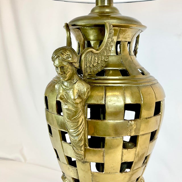 Vintage Art Deco Hollywood Regency Chippendale Winged Nike Greek Goddess Brass Table Lamp, New Pleated Shade For Sale - Image 9 of 14