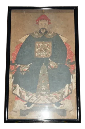 Antique Chinese Ancestral Portrait in Museum Frame, 1860