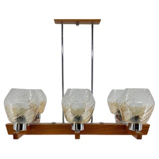 Wood, Chrome & Glass Chandelier attributed to Elektroinstala Decin, 1970s For Sale