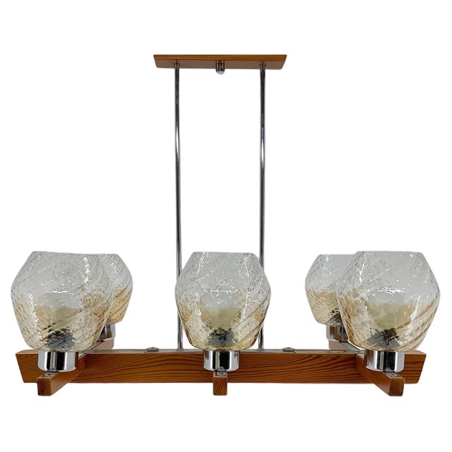 Wood, Chrome & Glass Chandelier attributed to Elektroinstala Decin, 1970s For Sale