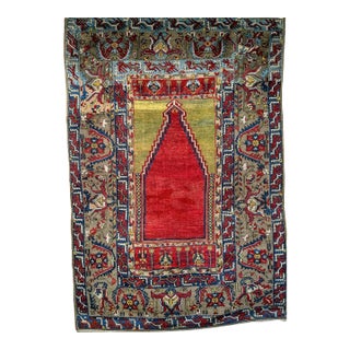 19th Century Anatolian Ladik Prayer Area Rug, Handwoven, Red & Yellow, 5' x 7' For Sale