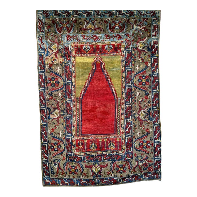 19th Century Anatolian Ladik Prayer Area Rug, Handwoven, Red & Yellow, 5' x 7' For Sale