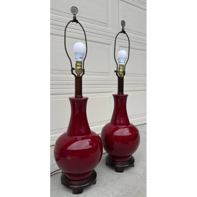 Pair of Vintage Chinese Oxblood Red Glazed Ceramic Table Lamps – 33.5" For Sale - Image 12 of 18