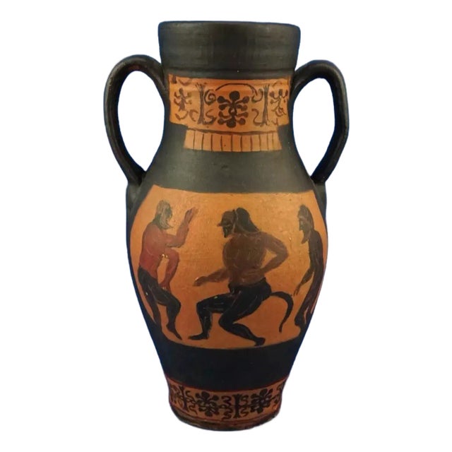 Large Greco-Roman Style Hand-Decorated Ceramic Terracotta 2-Handled Amphora Vase, 1975 For Sale