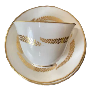 Royal Worcester Gold and White Botanical Porcelain English Tea Cup and Saucers - 3 Piece Set