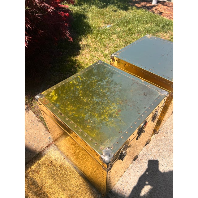 1970s Vintage Pair 1970s Large Brass Cedar Lined Storage Trunk Styled After Sarried For Sale - Image 5 of 10