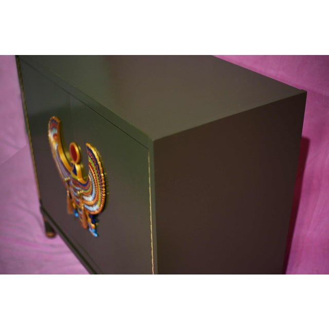 Olive Hand Crafted Two Door Chest in Olive With Egyptian Horus Falcon Detail For Sale - Image 8 of 13