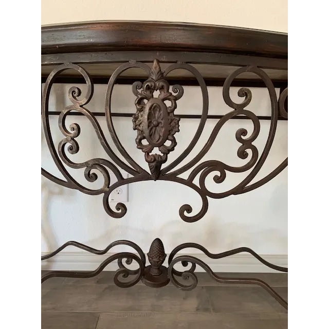 Mediterranean Wrought Iron & Walnut Herringbone Console Table, 57” For Sale - Image 4 of 7