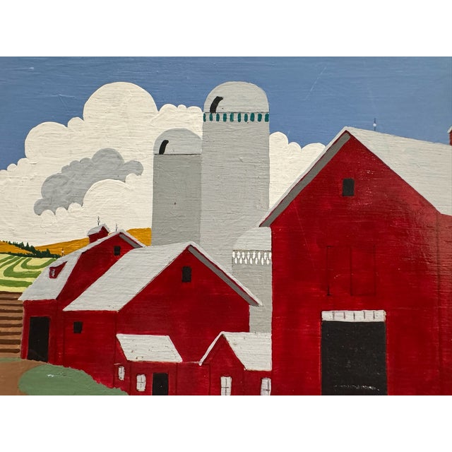 Brick Red Pair Signed 2002 American Folk Art Farm Landscape Paintings Red Barns For Sale - Image 8 of 14