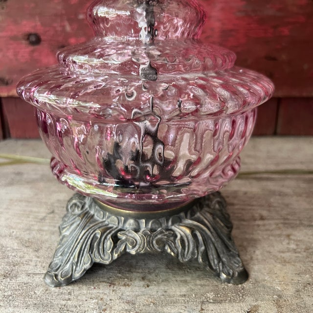 1950s Pair of Vintage Pink Glass Hobnail Electric Lamps With Ornate Metal Bases - 10" High For Sale - Image 5 of 15
