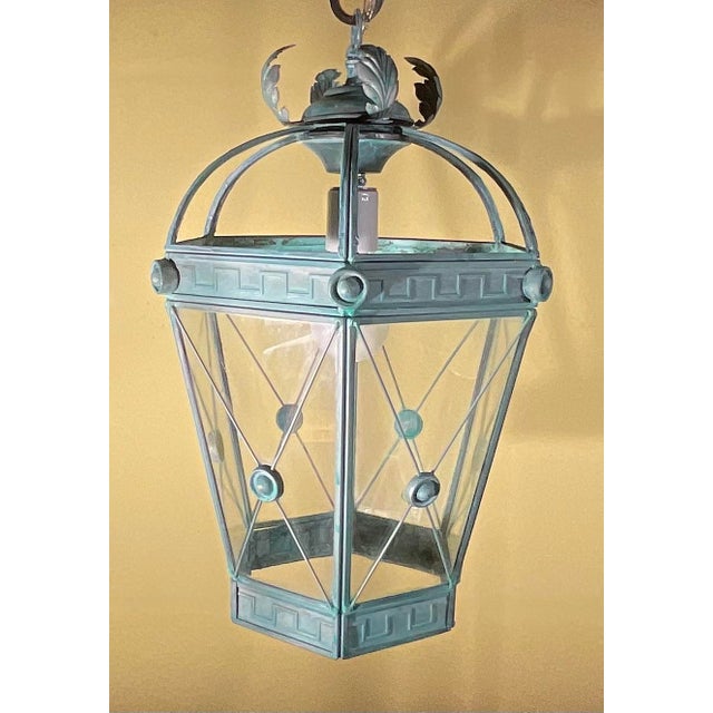 Vintage Style Solid Brass Verdigris Hanging Lantern - Restored & Rewired For Sale - Image 14 of 14