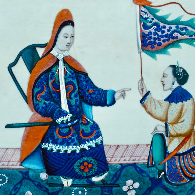 Cerulean Pair of Chinese Export Paintings on Mulberry Pith Paper, 19th Century For Sale - Image 8 of 12