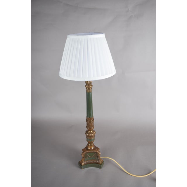 Vintage Neoclassical Green and Brass Table Lamp with Pleated Shade, 1950s For Sale - Image 3 of 8
