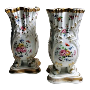Porcelain De Paris Napoleon III Style Shaped Hand Decorated Vases - a Pair