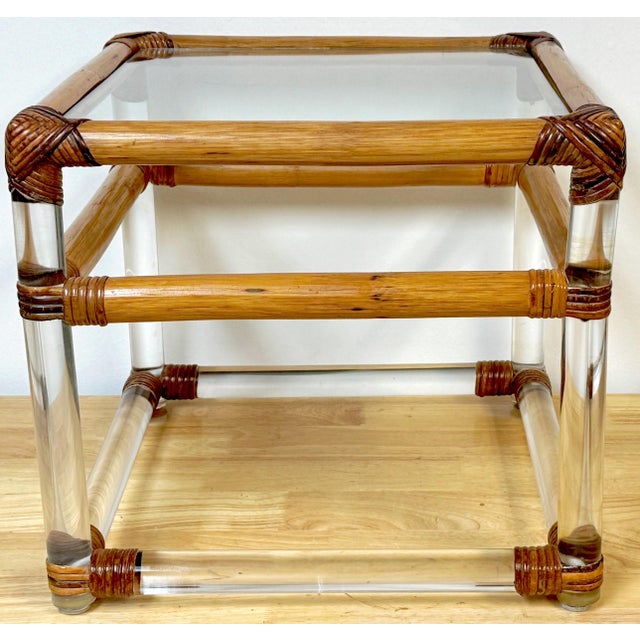 1970s Bamboo Mounted Lucite Cube Drinks/Side Table, Style of Crespi This 1970s bamboo-mounted Lucite cube drinks/side...