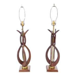 Mid Century Modern Sculptural Flame Motive Oiled Walnut Table Lamps MINT - A Pair
