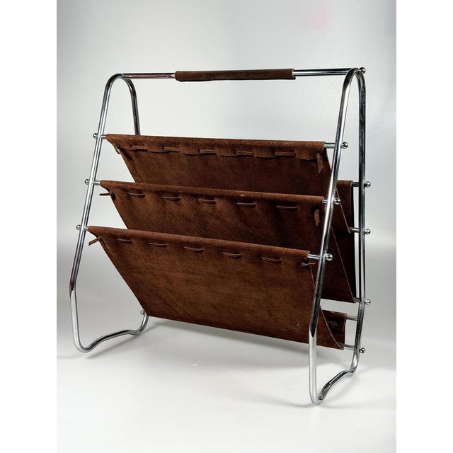 Metal Mid-Century Magazine Stand in Metal and Leather, 1960s-1970s For Sale - Image 7 of 18