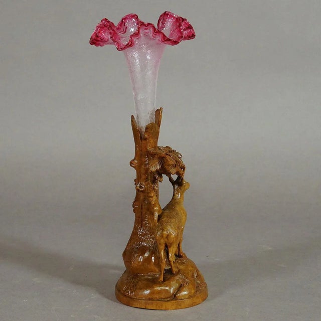 Rustic European Finely Carved Wood Chamois With Glass Vase, Brienz Ca. 1900 For Sale - Image 3 of 7