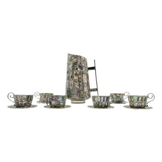 1960s Mexican Alpaca Silver & Abalone Water Pitcher Set After Los Castillo For Sale
