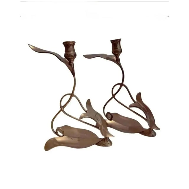 Circa 1980s Dolbi Cashier Brass Art Nouveau Leaf Candle Holders- A Pair For Sale In Atlanta - Image 6 of 6