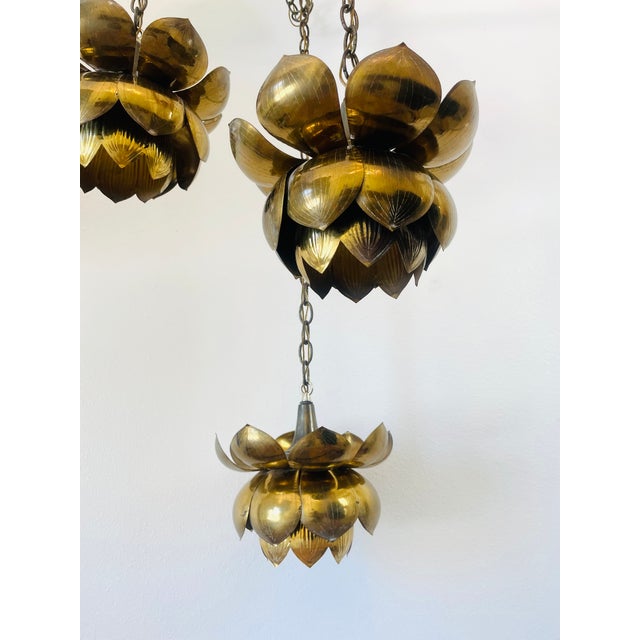 Vintage 1960s 3 Tiered Lotus Light made of brass 3 hanging lotus flowers each holds a standard bulb channeling chain...