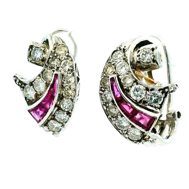 French 1950s 14k White Gold Diamond & Ruby Scroll Earrings, A Pair For Sale - Image 10 of 13