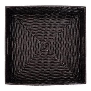 Artifacts Rattan Square Serving Tray with Cutout Handles in Black, Large For Sale