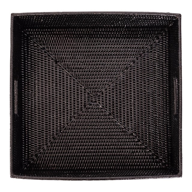 Artifacts Rattan Square Serving Tray with Cutout Handles in Black, Large For Sale
