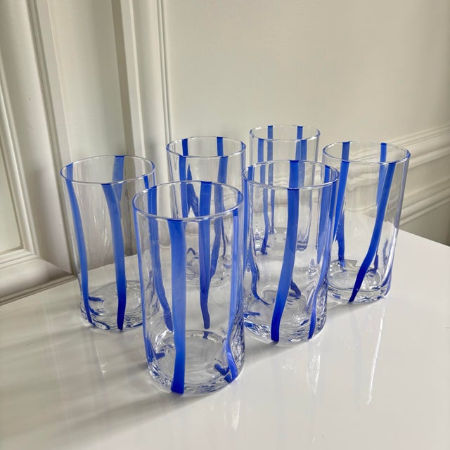 Contemporary Contemporary Comic Blue Stripe Italian Murano Glass Tumblers - Set of 6 For Sale - Image 3 of 6