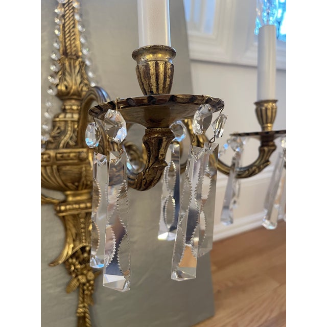 Brass Pair of Antique French Brass and Crystal Electric Sconces For Sale - Image 8 of 12