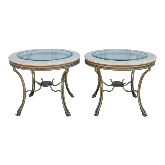 Fossil Stone & Glass Gueridon End Tables With Hooved Feet a Pair