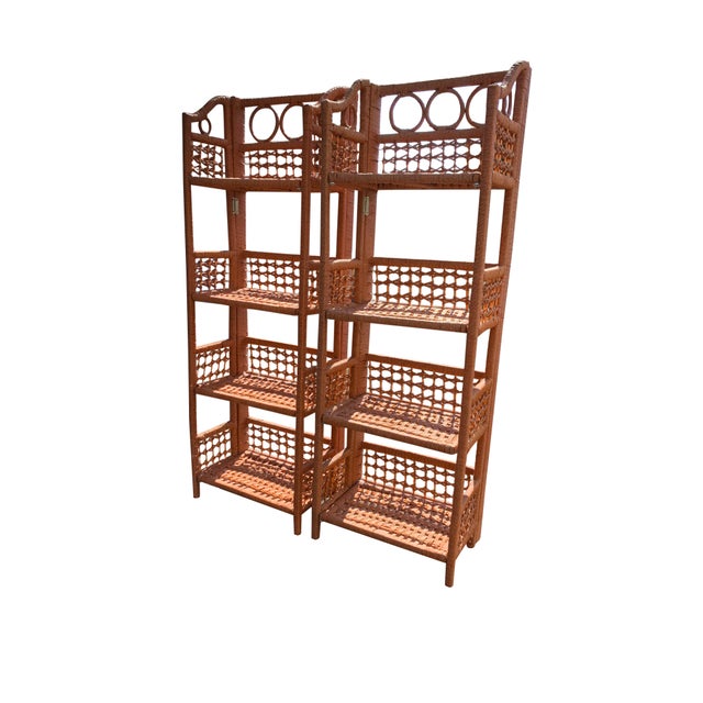 Vintage Wicker Rattan Folding Free Standing Storage Shelves a Pair