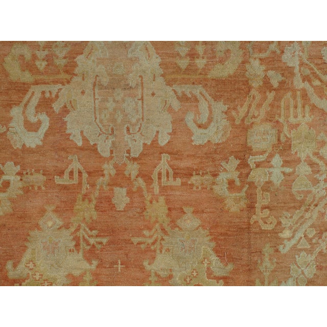 Antique Oushak Carpet, Handmade Oriental Rug, Coral Field, Gold, Ivory Border For Sale - Image 16 of 18