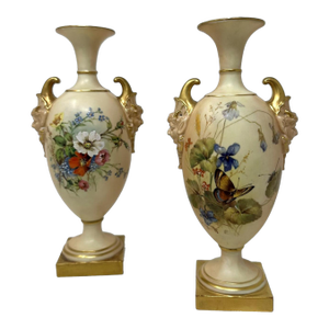 Antique English Pair Royal Worcester Blush Urns Vases Centerpieces Still Life