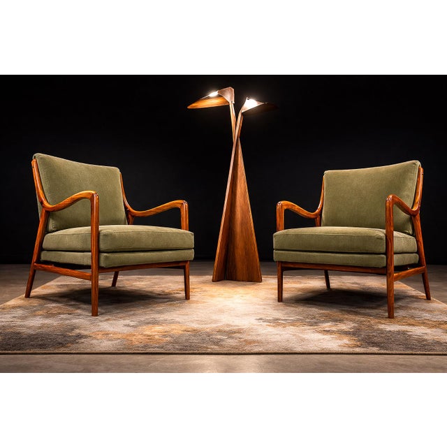 his sculptural pair of armchairs, designed by Giuseppe Scapinelli in Brazil during the 1950s, exemplifies the expressive...