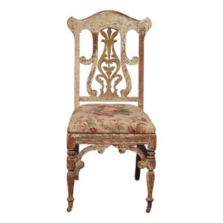 Antique French Country Unique Crackle Chair W Floral Fabric Front Caster Wheels For Sale