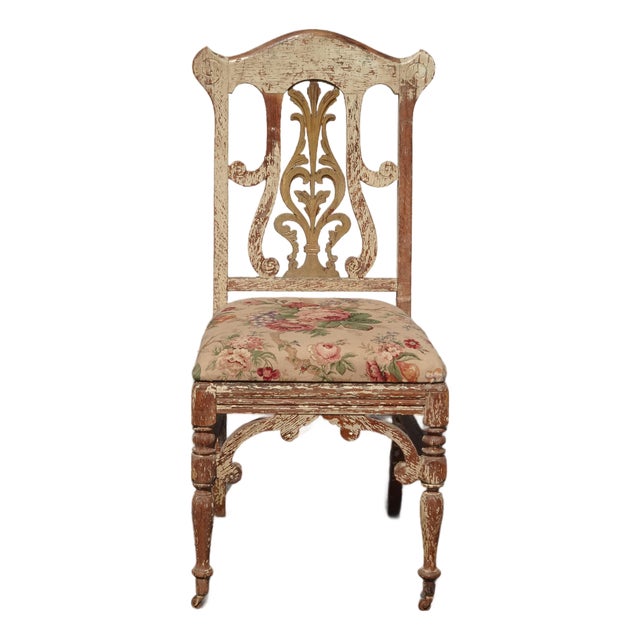 Antique French Country Unique Crackle Chair W Floral Fabric Front Caster Wheels For Sale