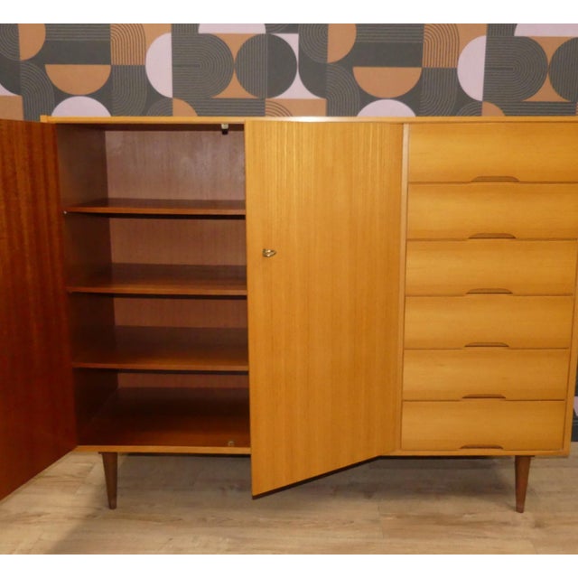 Tan Mid-Century Modern Linen Cupboard with Drawers on Legs in Light Elm Wood, 1960s For Sale - Image 8 of 13