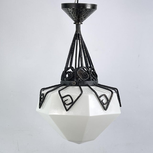 Art Deco Hanging Light in Opal Glass and Wrought Iron, 1930s For Sale - Image 3 of 10